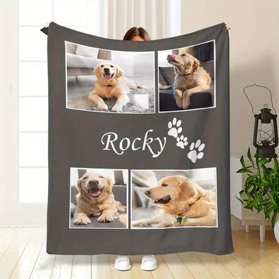 TEMU Custom Photo Name Blanket, Customizable Pet Blanket With Name And Photos, Soft Comfortable Dog Throw, Dog Dad Gift, Gift, Polyester, Machine Washable, Medium Breed Dog Bedding Image