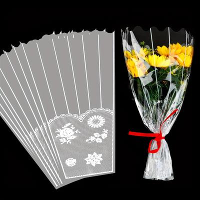 TEMU Mirror Transparent Memorial Flower Packaging Bag, Wavy Mouth Floral Wrapping Cellophane Suitable For Roses In Memorials And Anniversaries, Silvery Mirror Clear Floral Glass Paper Image