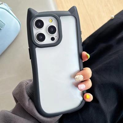 TEMU Tpu Cartoon Cat Ears Protective Case For 15 14 13 12 11 Pro Max - Transparent Full Coverage Shockproof Cover Image