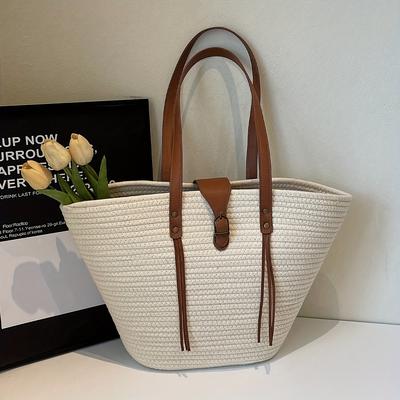 TEMU A Stylish And Casual Bohemian Vacation-style Solid Color Large-capacity Fan-shaped Open Women's Beach Bag, Holiday Trips, Outdoor Leisure Shopping, And Fashionable Outfit Coordination. Image