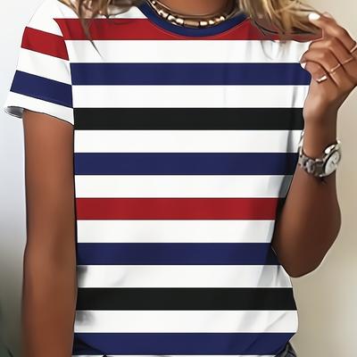 TEMU Women's Casual Short Sleeve T-shirt - White Blue Striped Round Neck Top, Soft Polyester-spandex Blend, Machine Washable Spring Summer Fashion Tee, Ladies T Shirts, Stretchable Fabric Image