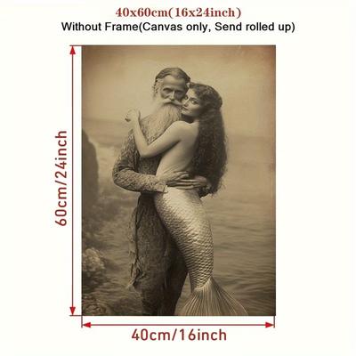 TEMU 1pc Vintage Mermaid And Gentleman Canvas Poster, Wall Art, , Easy To Hang, With Canvas Print For Living Room, Bedroom, Office Decor, Gift Idea Image