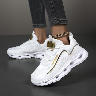 TEMU Women's Breathable Mesh Running Sneakers - Comfortable Lightweight Dad Shoes With Black Upper & Golden Accents, Low-top Lace- For All- Image