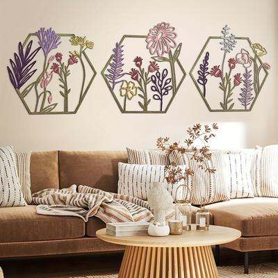 TEMU 3pcs Metal Flower Wall Decor Minimalist Floral Wall Hanging Decoration, Artistic Floral Decoration For Living Room Bathroom Kitchen Indoor Outdoor (colorful) Image