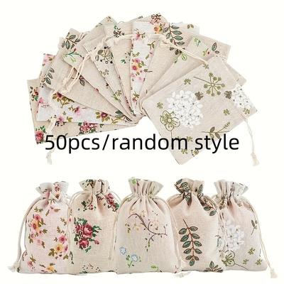 TEMU 50pcs/1pack Natural Floral Printed Linen Drawstring Bags, White, For Jewelry, Wedding Decor, Rustic Party Favors, Gift Bags, Wedding And Craft Supply Storage Image