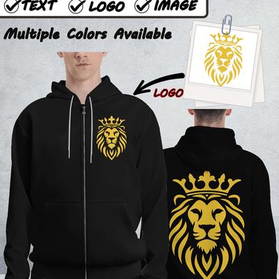 TEMU Customized Plus-size Men's Zipper Hoodie - 100% Polyester, Vibrant Red With Golden Lion Emblem & Crown Graphic, Multiple Color Options, Regular Fit Casual Pullover For & Gift Giving, Plus Size Image