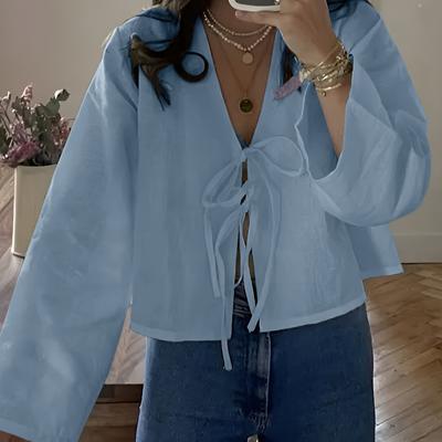 TEMU Women' Blue Casual Blouse With Lace-up Detail - Long Sleeve, Button-up Front, Polyester, Spring & Fall, Ladies Blouse Image