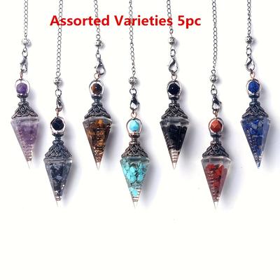 TEMU 5pcs Assorted Varieties Pendulum Natural Stone Resin Crushed Stone Pendulum Pendant Crystal Quartz Agates Drip Hexagonal Cone Pendant Jewelry Accessory Image