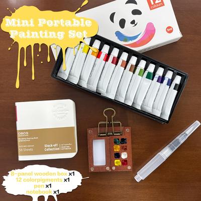 TEMU [5pcs Mini Portable Art Kit] 5pcs Mini Wooden Watercolor Paint Set With Brush, Paint, Clips & Sketchbook - Portable Outdoor Art Kit For 8 Colors - Decorative Home Art Supplies Image