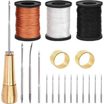 TEMU 19pcs Canvas Leather Repair Tool Kit - 13 Sewing Awl Needle, 1 Copper Handle, 3 50m Nylon Cord Thread And 2pcs Thimble For Handmade Leather Sewing Tools Shoe And Leather Repair Image
