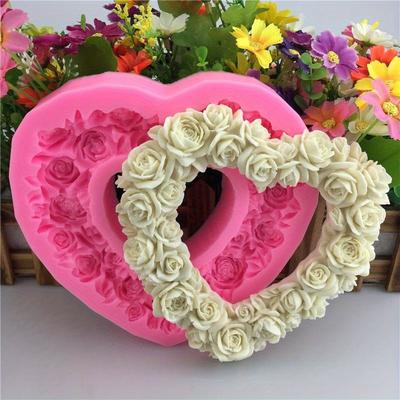 TEMU Large Heart-shaped Silicone Mold With Embossed - Pink Floral Craft Tool For Decorative Projects, Shower Gel, And , Bathroom Accessory | | Flexible Silicone Image