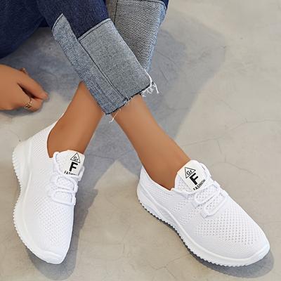 TEMU Women's Breathable Knit Thick Sole Sneakers, Casual Lace-up Outdoor Sneakers, Comfortable Low-top Running Shoes, High Quality, Round-toe, Fabric Upper & Lining, Pvc Sole, Spring Wear Image