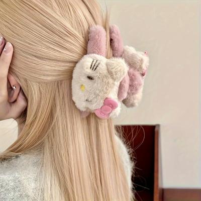 TEMU 1pc For Hello Kitty Plush Hair Clip - Shark Claw Design For Girls - Soft Knitted Fabric, Fashion Accessory For All , Stylish Hair Accessory | Accessory | Soft Knitted Clip, Hair Accessories Image