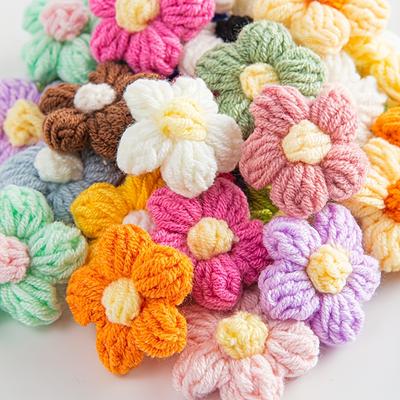 TEMU 50pcs Crochet Flower Appliques - Handmade Knitted Yarn Flowers In Assorted Colors (pink, Yellow, Orange, Purple, Green) For Diy Crafts, Hairbands, Hats & Clothing Accessories, Crochet Supplies Image