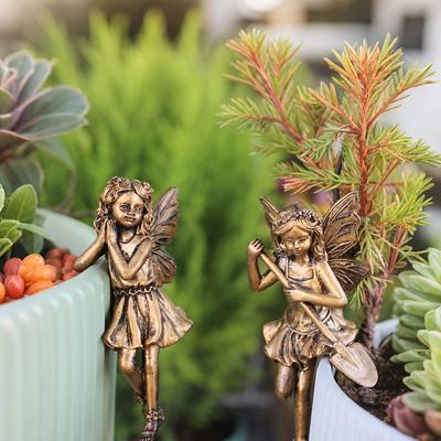 TEMU 2pcs Antique Metal Flower Fairy Figurines - Garden Gnome Statues With Copper Finish, Adds Mystical Charm To , Decor, Exquisite Resin For Indoor Or Outdoor Use, Fairy Garden Accessories, Webetter Image