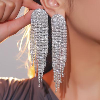 TEMU Long Tassel Earrings With European And American Temperament, Full Of Trendy Water Drill Long Tassel Earrings For Women, High-end Ear Studs Ear Jewelry Earrings Image