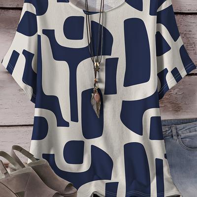 TEMU Plus Size Women's T-shirt With A Featuring Abstract Lines And Irregular Squares, Printed Short Sleeves And A Round Neck, Made From Stretchy Fabric. Image
