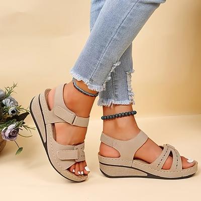 TEMU Women's Summer 2025 Casual Breathable Wedge Sandals - Beige Open Toe With Black Ankle Strap, Comfortable Pu Platform Heels For Casual Attire Image