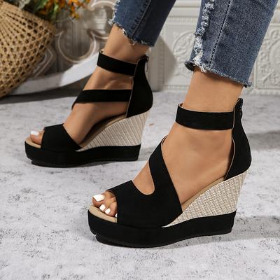 TEMU Women' Black Wedge Sandals With Ankle Strap - Open Toe, High Heel, Comfortable Fabric Upper & Rubber Sole - Casual Or Formal Occasions, Ladies Sandals Image