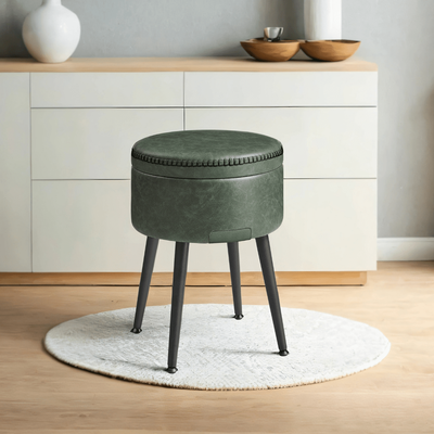 TEMU Ottoman, Storage Bench, Storage Stool, Leather, Round, Steel Legs, Stitched, Mid-century-, Modern, Loadable Up To 150 Kg Image