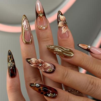 TEMU 24pcs Box Of European Press-on Nails With Glitter Almond Shaped Medium Length False Nails Suitable For S And Women, Includes 1 And 1 Nail File Image
