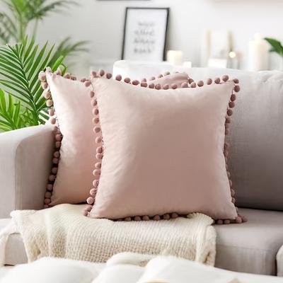 TEMU 2pcs, Pink Velvet Decorative Pillow Covers With Pom Poms, For Light Luxury Sofa Bedroom Car, 18x18 Inch/45x45cm Image