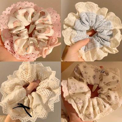 TEMU 4pcs Fabric And Summer New Fragmented Flowers Ladies' Hair Lace Sweet Ponytail Hair Rope Hair Accessories Image