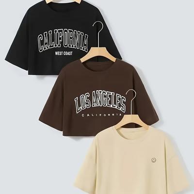 TEMU 3-pack Women's Casual Short Sleeve Crew Neck Crop T-shirts - Smile Face & Letter Print, 100% Polyester, Lightweight 170gsm, Relaxed Fit, Black & Beige, Spring/autumn Essential Image