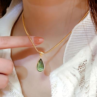 TEMU 1. Stainless Steel French Drop Green Water Drop Ocean Clavicle Chain, Boho Elegant Snake Bone Pendant Necklace, 18k Golden Plated, For , Valentine's Day, Spring Festival Gift Image