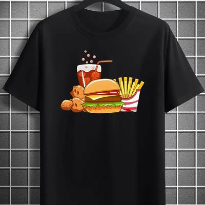 TEMU Creative Burger, Fries, And Drinks Design For Men's Fashion, Featuring A Print Pattern On A Round-neck Short-sleeve T-shirt, Casual And Summer Vacations. Image