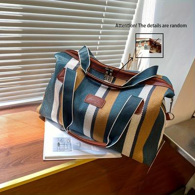 TEMU Striped Retro Short- Travel Bag For Women, Lightweight Handheld Luggage With Large Capacity Image