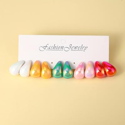 TEMU 10pcs/set Fashion Dopamine Colored Water Drop Shaped Design Earrings Set, , , Suitable For Ladies' Daily Dressing Image