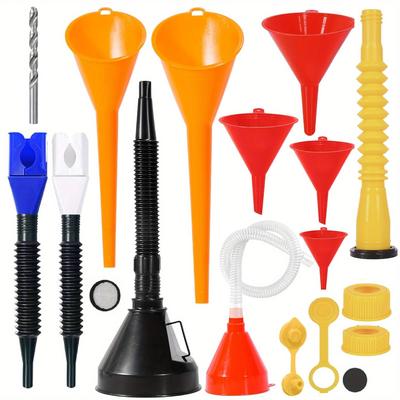 TEMU 10pcs Automotive Funnels Set&7pcs Gas Can Spout Replacement, Funnels For Automotive Use, Plastic Long Funnel, Flexible Right Angle Funnels, Wide Mouth Fuel Funnels Gasoline Image