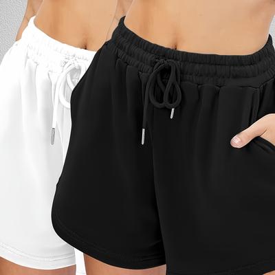 TEMU 2pcs Women's Drawstring Shorts - Casual Summer Athletic Wear, Waistband, White & Black Polyester, Machine Washable, , Athletic Shorts | Classic Drawstring Shorts | Microelastic Fabric Image