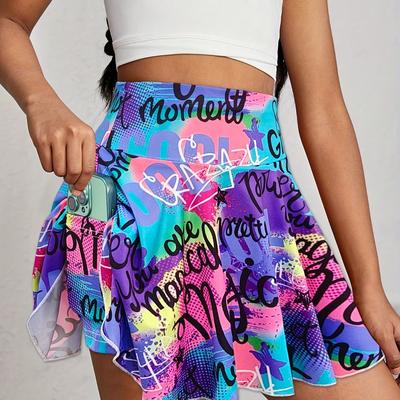 TEMU Girls' 110-170cm Spring/ Sports Style Letter Print Running Tennis Training Yoga Jumpsuit With Phone Pocket Skirt Pants Image