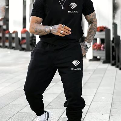 TEMU Men's Casual Crew-neck T-shirt, Tight-legged Trousers Black Suit, Micro-elastic Fabric, Classic Conventional Image