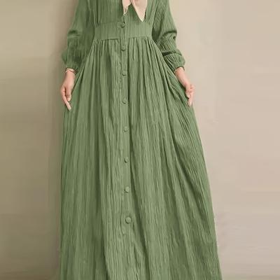 TEMU Women's Elegant Pleated Peplum Dress With Shirred Waist And Button Details - Solid Color, Long Sleeve, Round Neck, Polyester, Green, Image
