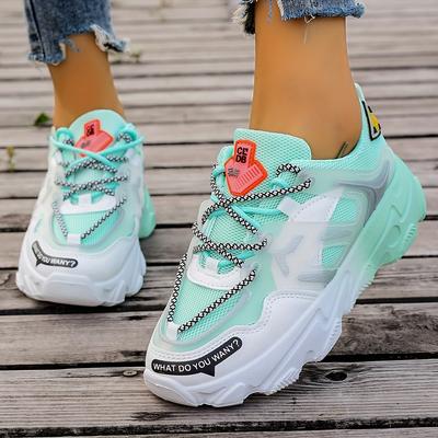 TEMU Women's Breathable Casual Platform Dad Sneakers - Thick Cushioned Rubber Sole, Vibrant Color-, Synthetic Cover Upper & Fabric Lining, Lace-up Shoes For Casual Attire Image