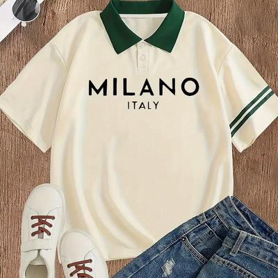 TEMU Letter Print Loose Shirt, Fashion Short Sleeve Lapel Sports T-shirt, Women's Activewear Image
