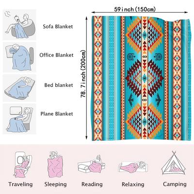 TEMU 1pc Bohemian Blue Geometric Pattern Flannel Throw Blanket - Soft Warm Multi-use For Sofa Bed - Machine Washable For Holidays Image