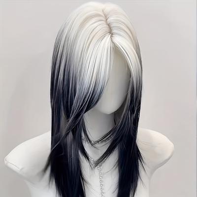 TEMU Unisex-adult Basic Straight Wig With Middle Part, Heat Resistant Fiber, Cap, Styling For All, Ombre Black To Golden Image