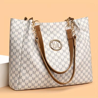 TEMU Women's Vintage Geometric Tote Bag With Golden-tone Chain Strap, Large Capacity Shoulder Bag For Daily , Travel & Shopping - White/black Image