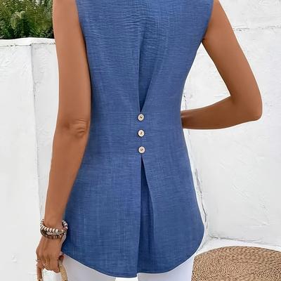 TEMU Women's Elegant Beige Sleeveless V-neck Blouse With Button Detail - Casual Shirt For Adults, Casual Attire| Blouse|elegant Sleeveless Top Image