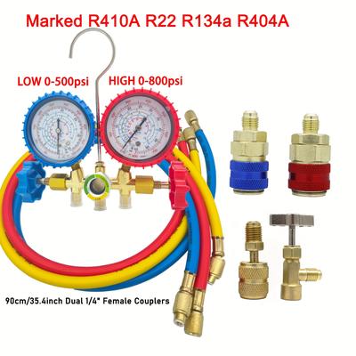 TEMU Mythtiger 3-way Ac Pressure Gauge Set For R134a, R410a, R22, R404a - Durable Pe Material With Shock-resistant Gauges, Color-coded Hose Fittings & Adapters - Car & Hvac Maintenance Image