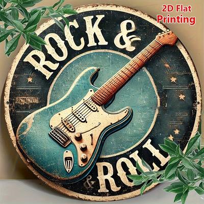"TEMU Rock & Roll Guitar 8x8" Round Aluminum Wall Art - Vintage Sign For Home, Office, Bar, Cafe Decor" Image