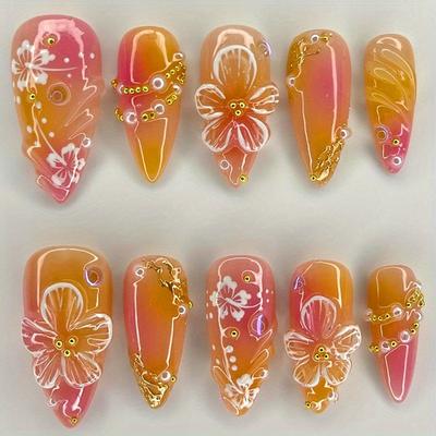 TEMU 24pcs Glossy Press-on Nails With Floral Gradient Design - Medium Length Almond Shape, Pink & Golden Glitter Accents, Reusable Fake Nails For Hands & Feet Image