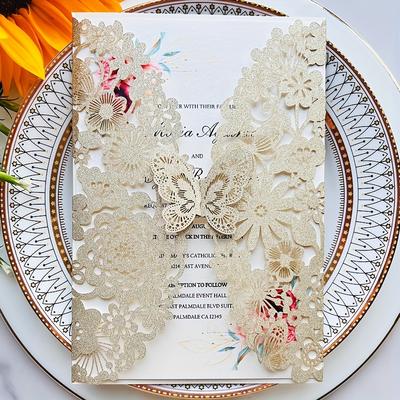 TEMU 10pcs Laser Cut Wedding Invitations Cover, 5.12x 7.28inch Glitter Laser Cut Invitation Pocket For Wedding Anniversary Birthday Bridal Shower Quinceanera Party Invite Supplies Image