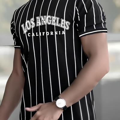 TEMU Men's Los Angeles California Graphic T-shirt - Black & White Striped Casual , Breathable Summer Crew Neck Short Sleeve Top, Regular Fit, Everyday Streetwear | Smooth Texture Fabric Image