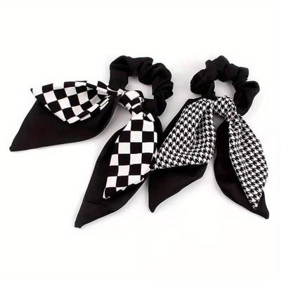TEMU 2-pack Vintage Style Hair Scrunchies Set, & Checkered Pattern, Fabric Knot Hair Ties For Women, High Ponytail Holders, Retro Simple Hair Accessories Image