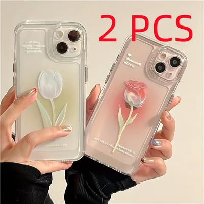 TEMU 2pcs Flower Mobile Phone Case Suitable For Iphone 14 13 Pro 12 11 X 8 Mobile Phone Case, Easter, Christmas, Girlfriend, Friend, Gift, Soft Shell Protective Case, Couple Mobile Phone Case Image